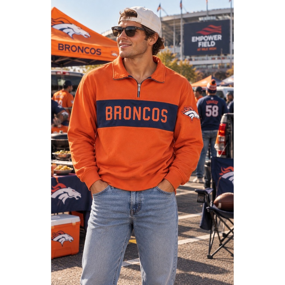 Majestic Denver Broncos Quarter Zip Mens XL Orange NFL Fleece Pullover Gameday